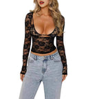 Damen Transparente Spitzenbluse mit tiefem V-Ausschnitt und Cut-Out-Details R&B
