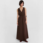 Damen Maxikleid mit stilvollem V-Ausschnitt und Taillengürtel R&B