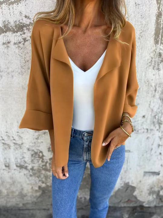 Damen nan legerer offener Strickcardigan mit Schalkragen krempelbaren Ärmeln und kastiger Silhouette R&B