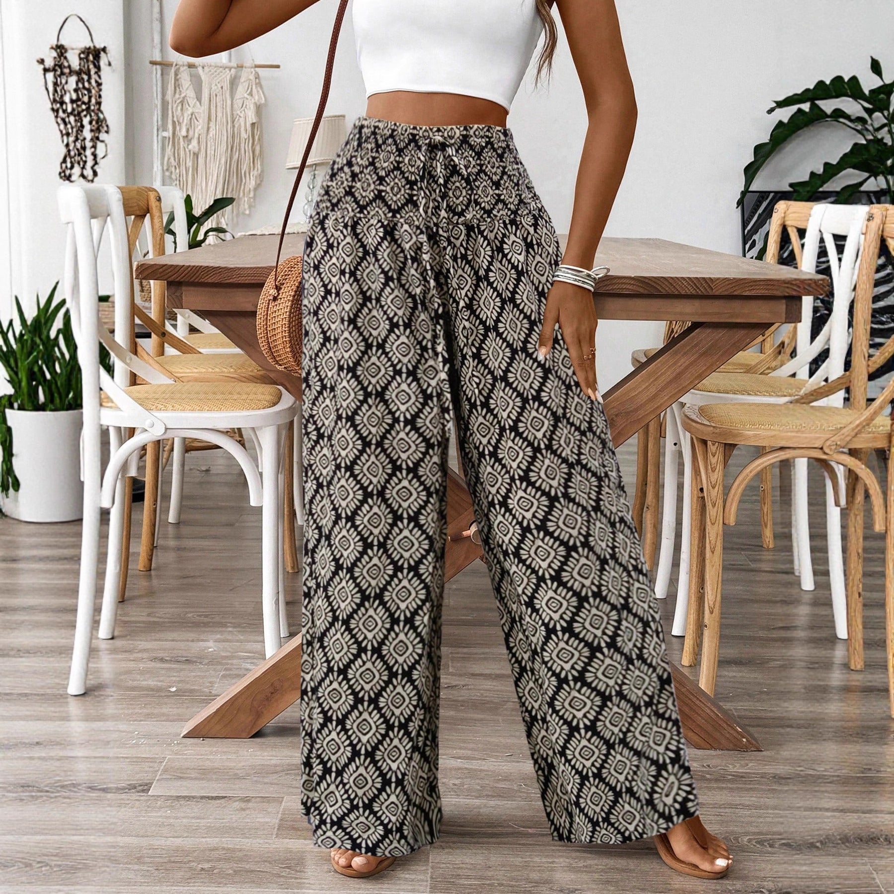 Damen Weitgeschnittene Palazzohose mit elastischem Bund und verspieltem Muster R&B