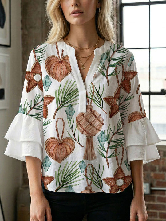 Damen Blusenshirt mit voluminösen Ärmeln und kreativem Druckdesign R&B