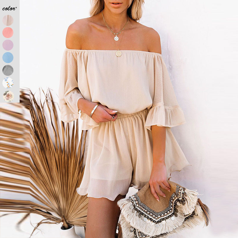 Damen Off-Shoulder Jumpsuit mit voluminösen Rüschensleeves R&B