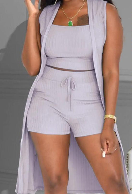 Damen lässiges 3-teiliges Set bestehend aus Crop-Top, Shorts und langem Cardigan R&B