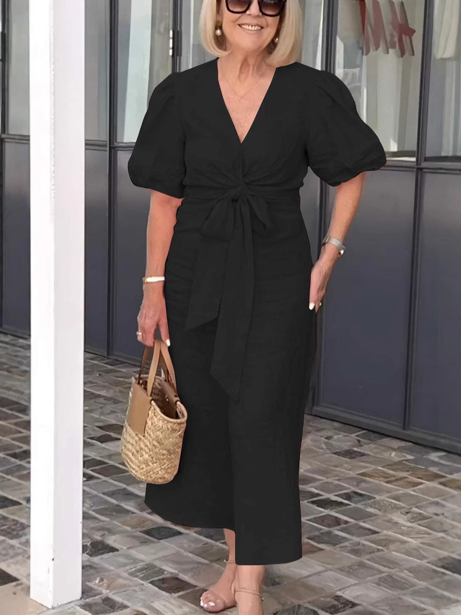 Damen Maxikleid mit eleganten Puffärmeln und Taillenknoten R&B