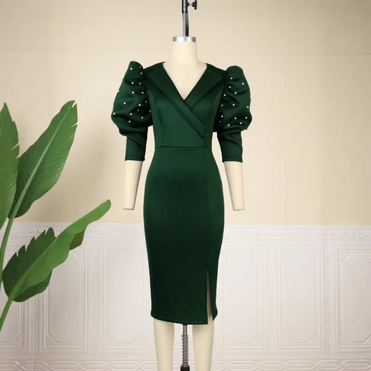 Damen figurbetontes Midi-Kleid mit voluminösen Puffärmeln und eleganten Perlenakzenten R&B