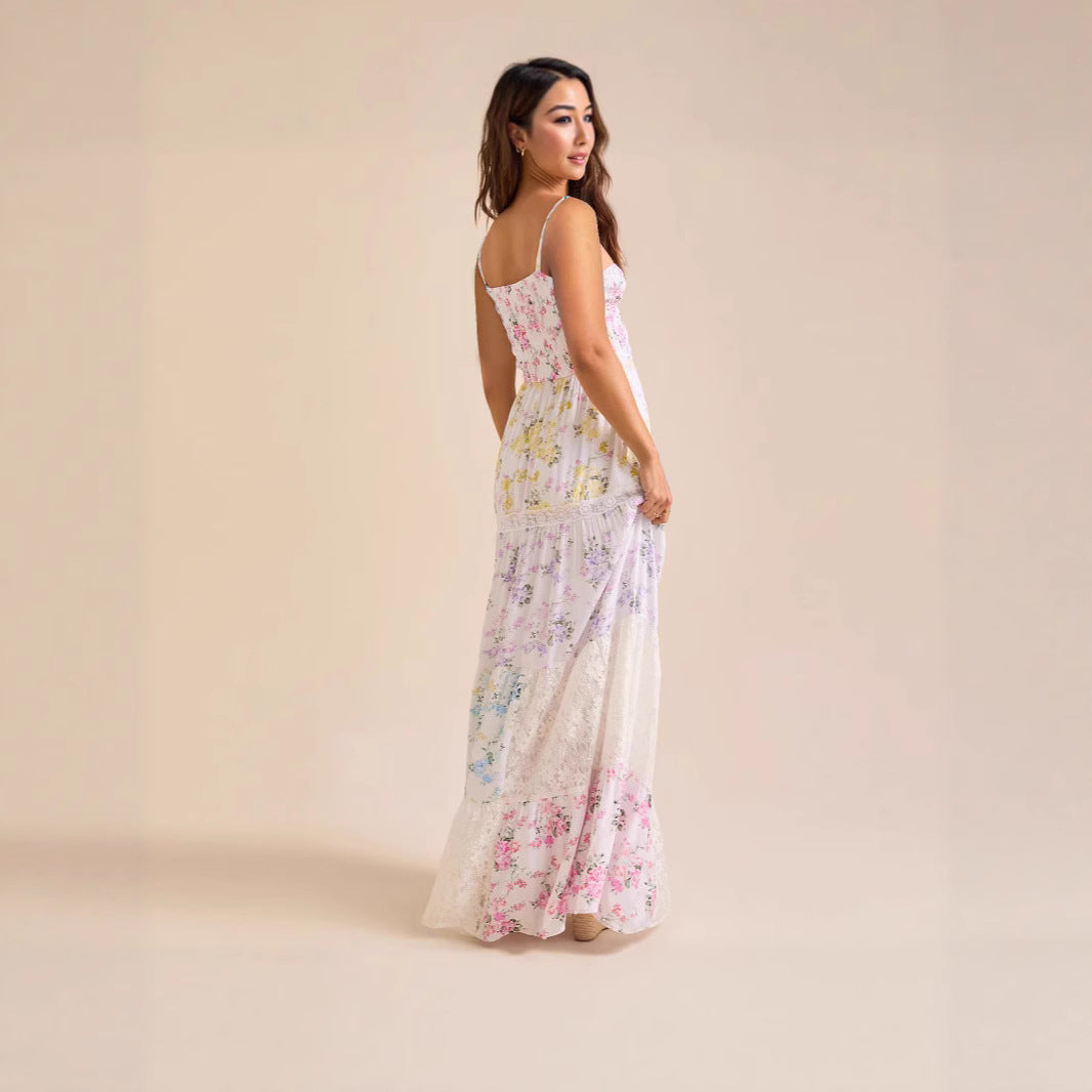 Damen Boho Maxikleid mit elastischem Oberteil und Spitzenakzenten R&B