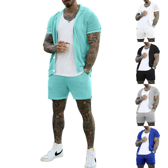 Damen Luftiges Netz-Pyjama-Set mit praktischen Taschen und Knopfleiste R&B
