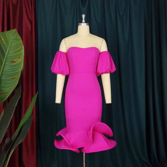 Damen Figurbetontes Abendkleid mit voluminösen Puffärmeln und Rüschenabschluss R&B