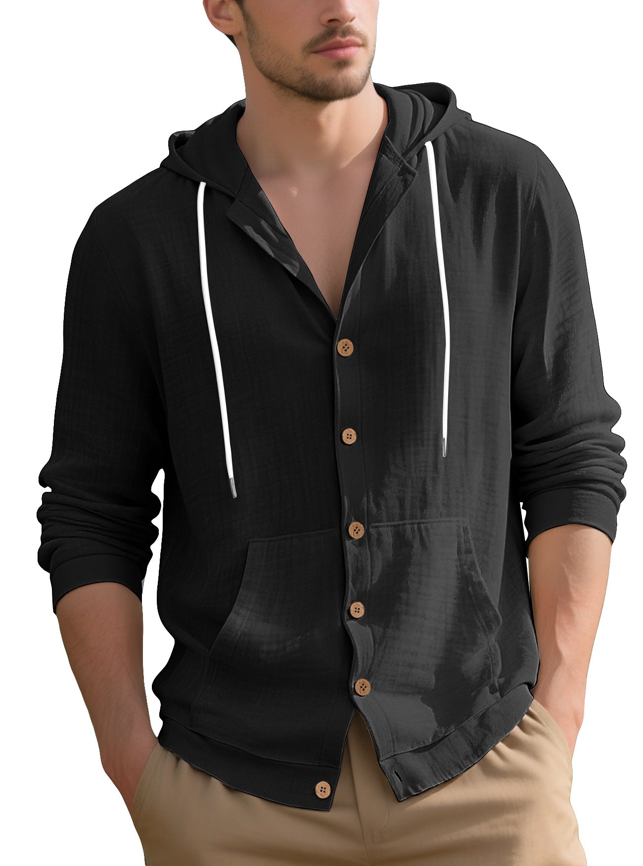 Herren nan leichtes Kapuzen-Übershirt im Crinkle-Look mit Holzknopfleiste und Kängurutasche R&B