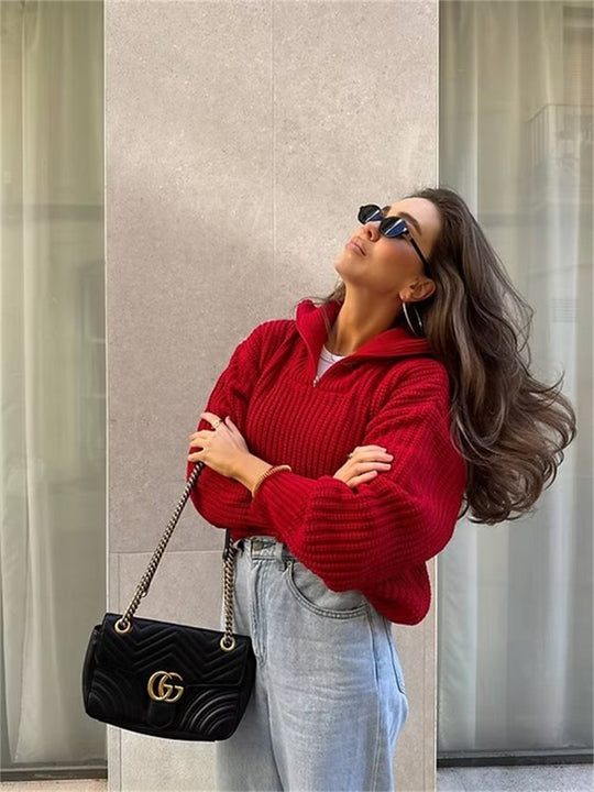 Damen Grober Strickpullover mit hohem Kragen und Reißverschluss R&B