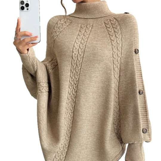 Damen Eleganter Strickponcho mit Rollkragen und Zopfmuster R&B