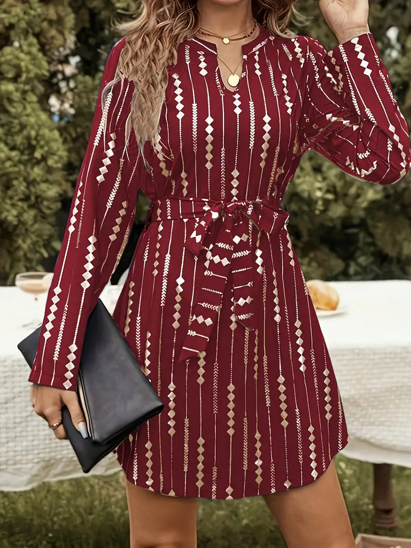 Damen Stylisches Minikleid mit V-Ausschnitt und Bindegürtel R&B
