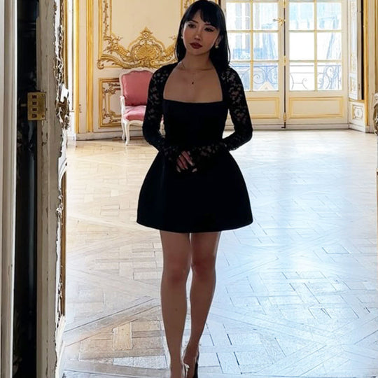 Damen Elegantes Kleid mit Spitzenärmel und fließendem Rock R&B