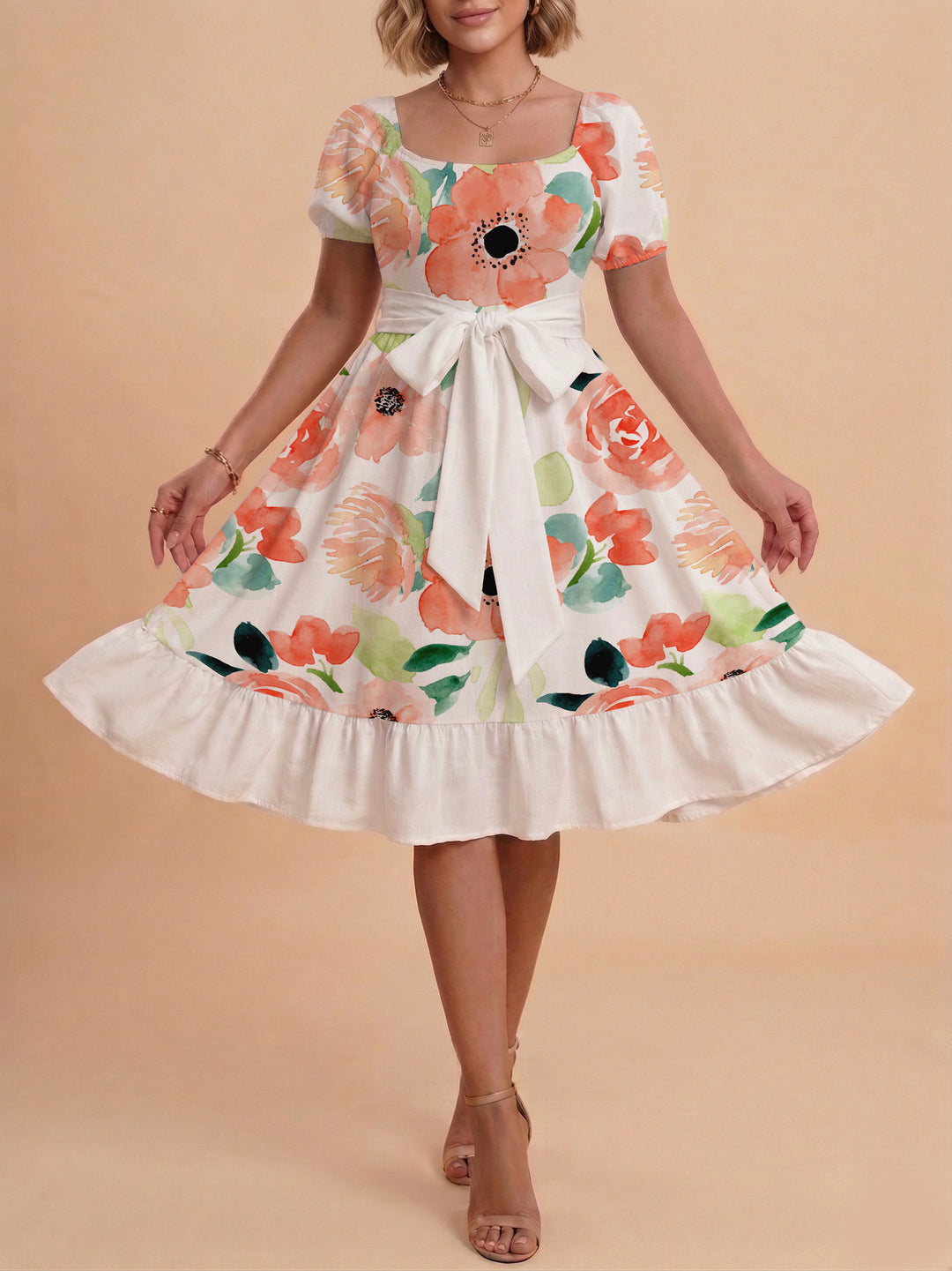 Damen Sommerliches Blumenkleid mit taillierbarem Gürtel und voluminösen Ärmeln R&B