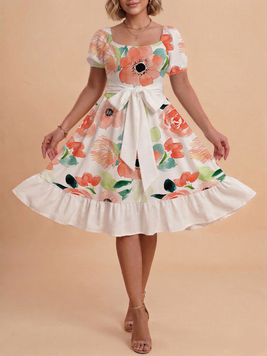 Damen Sommerliches Blumenkleid mit taillierbarem Gürtel und voluminösen Ärmeln R&B