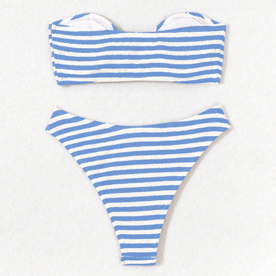 Damen Bandeau-Bikini mit modischem Streifenmuster und zeitgemäßem Gurt R&B