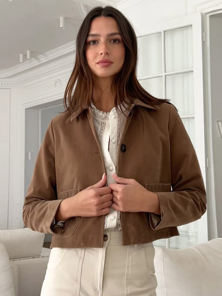 Damen modische Kurzjacke mit hochgeschlossenem Kragen und praktischen Taschen R&B