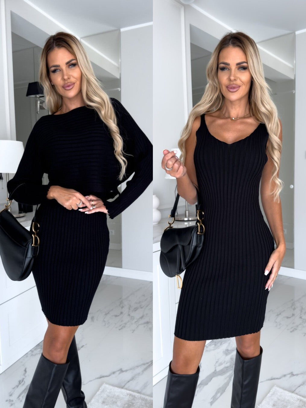 Damen figurbetontes Rippshirt-Kleid mit elegantem Ausschnitt R&B