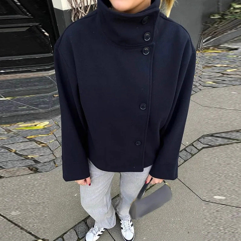 Damen modische Kurzjacke mit hohem Kragen und Knopfverschluss R&B