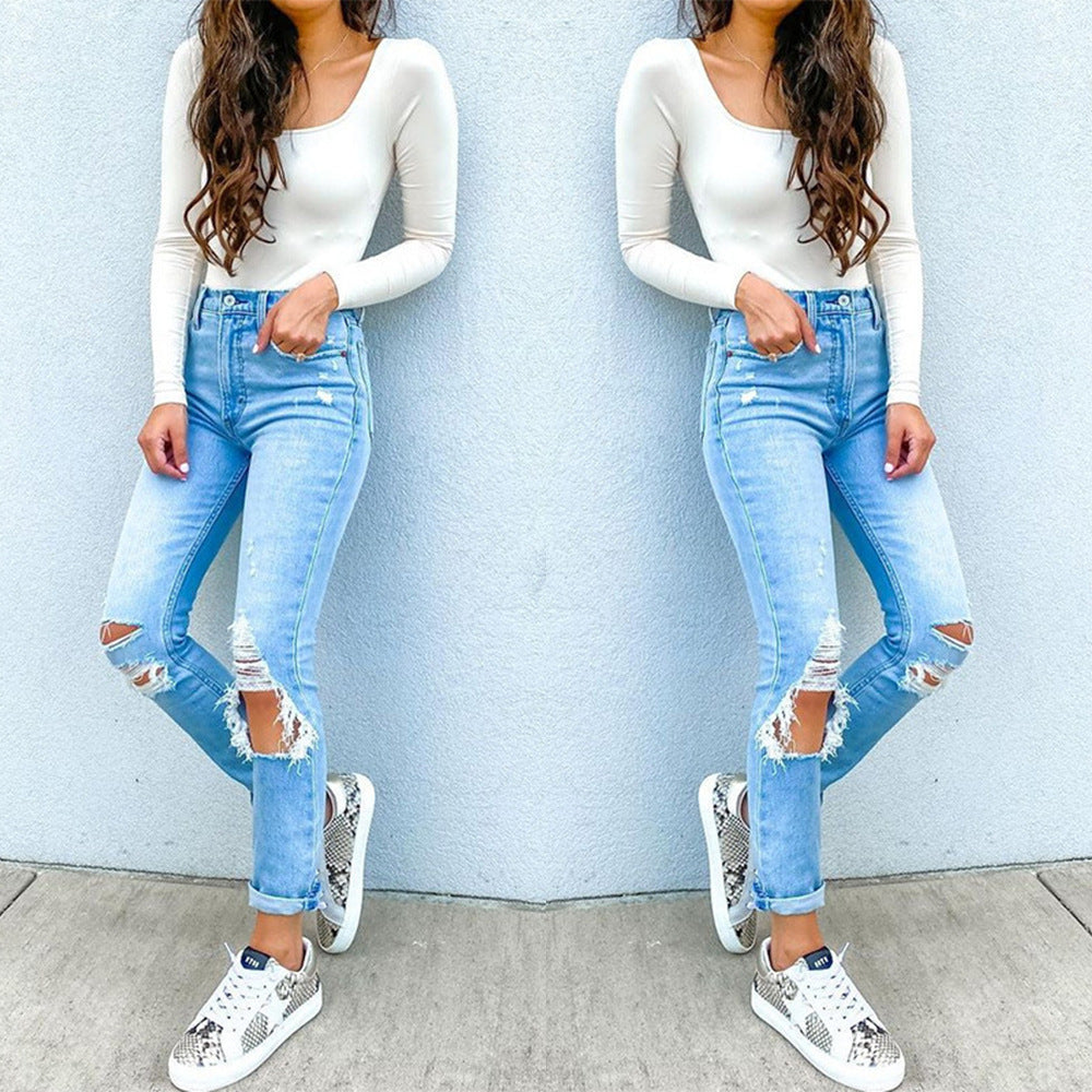 Damen Hochtaillierte Skinny Jeans mit modischen Rissen R&B