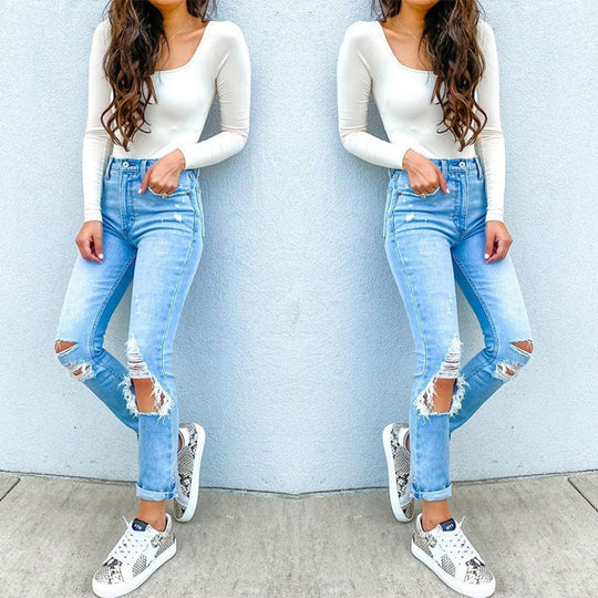 Damen Hochtaillierte Skinny Jeans mit modischen Rissen R&B