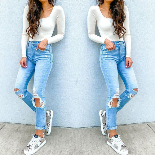 Damen Hochtaillierte Skinny Jeans mit modischen Rissen R&B
