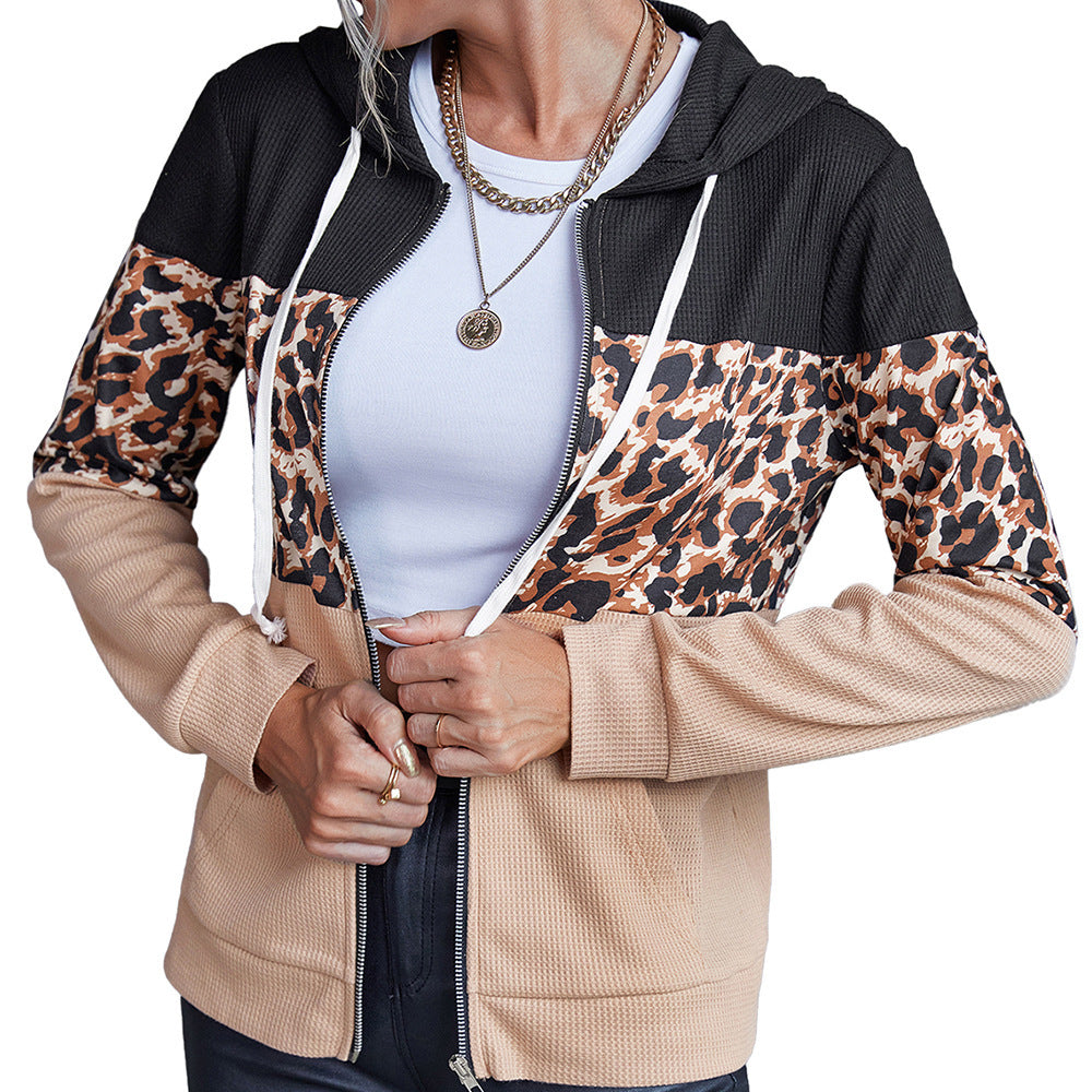Damen modische Kapuzenjacke mit Tierdruck und kontrastierenden Ärmeln R&B