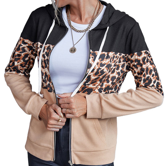 Damen modische Kapuzenjacke mit Tierdruck und kontrastierenden Ärmeln R&B