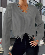 Damen Oversized Strickpullover mit fransigem Saum und raffiniertem Ausschnitt R&B