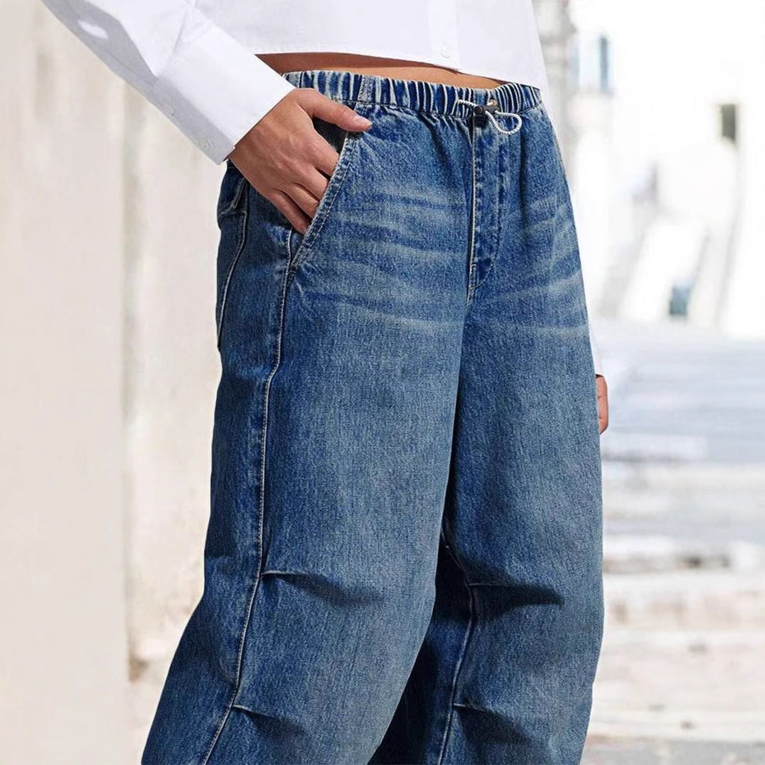 Damen Weite Denim-Hose mit elastischem Bund und hohen Taschen R&B