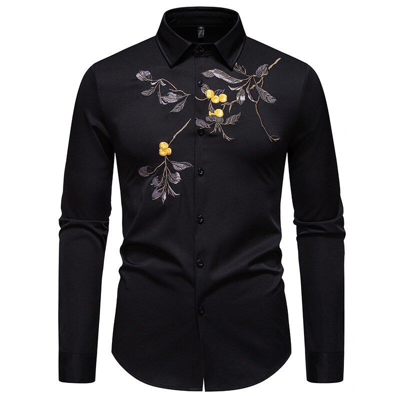 Herren elegantes Langarmhemd mit floraler Stickerei R&B