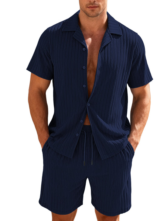 Herren nan geripptes Feinstrick-Lounge-Set mit kurzärmligem Revershemd und Kordelshorts R&B