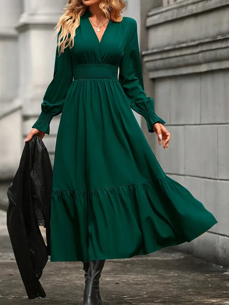 Damen Maxikleid mit elegantem V-Ausschnitt und voluminösen Ärmeln R&B