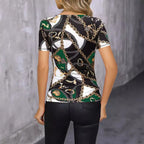 Damen Elegantes V-Ausschnitt T-Shirt mit auffälligem Kettenmuster R&B