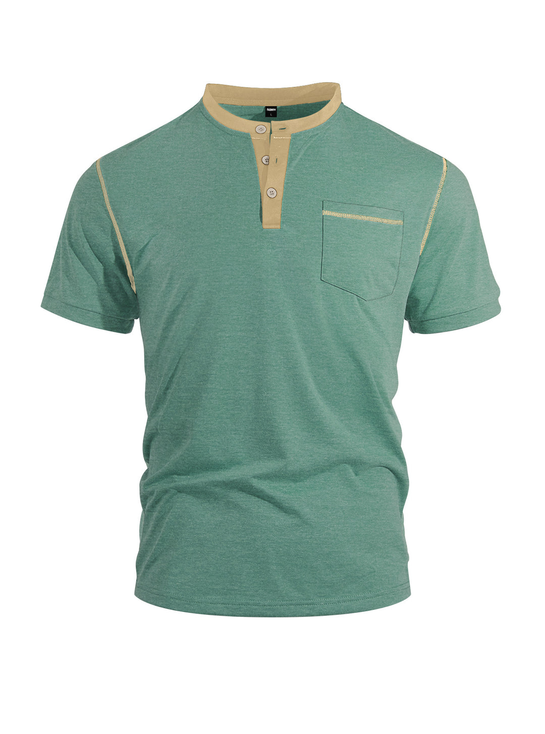 Herren nan legeres Kurzarm-Bandkragenshirt mit Knopfleiste Brusttasche und Flatlocknähten R&B
