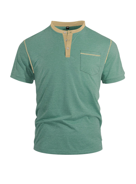 Herren nan legeres Kurzarm-Bandkragenshirt mit Knopfleiste Brusttasche und Flatlocknähten R&B