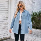 Damen Denim-Überhemd mit fransigem Saum und aufgesetzten Taschen R&B