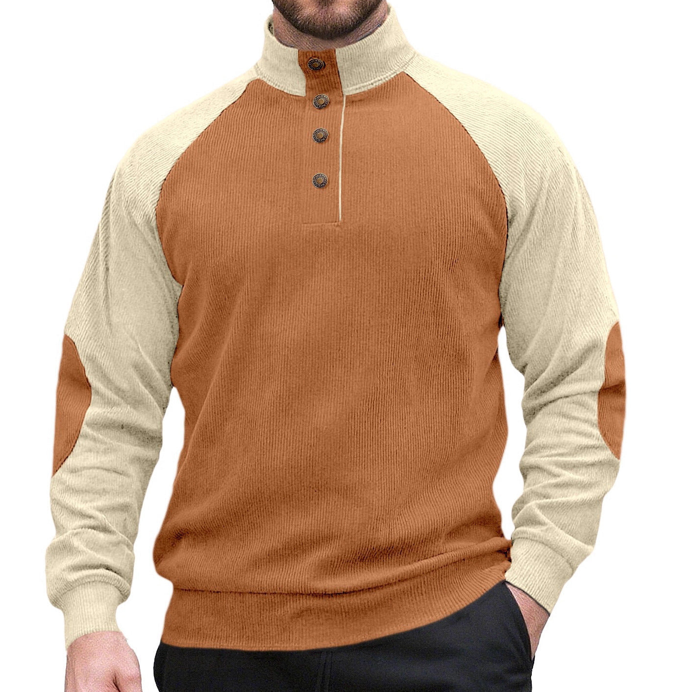 Herren nan zweifarbiger Ripptroyer mit asymmetrischer Knopfleiste und Velours-Ellbogenpatch R&B