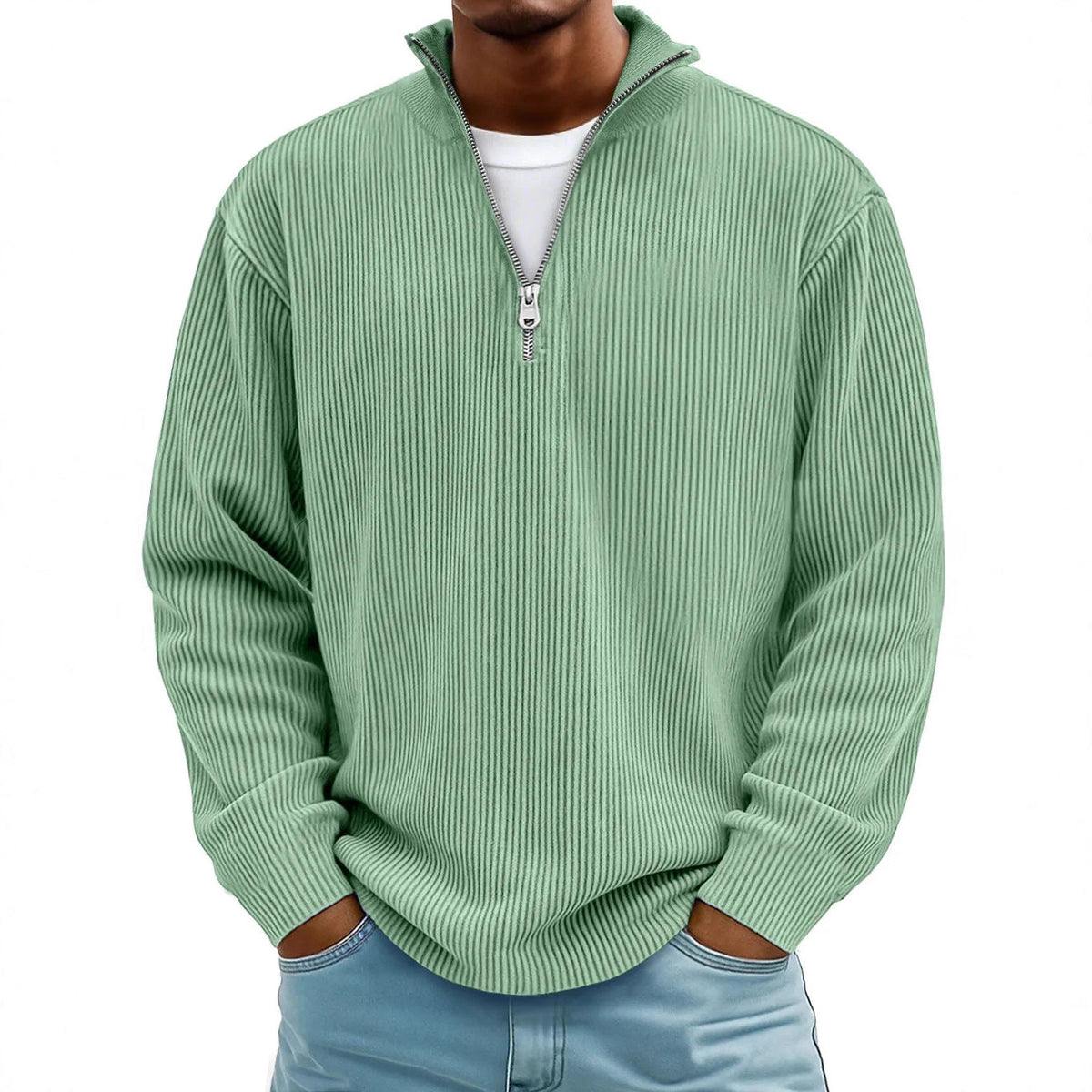 Herren nan gerippter Strickpullover mit halbem Reißverschluss und Stehkragen R&B