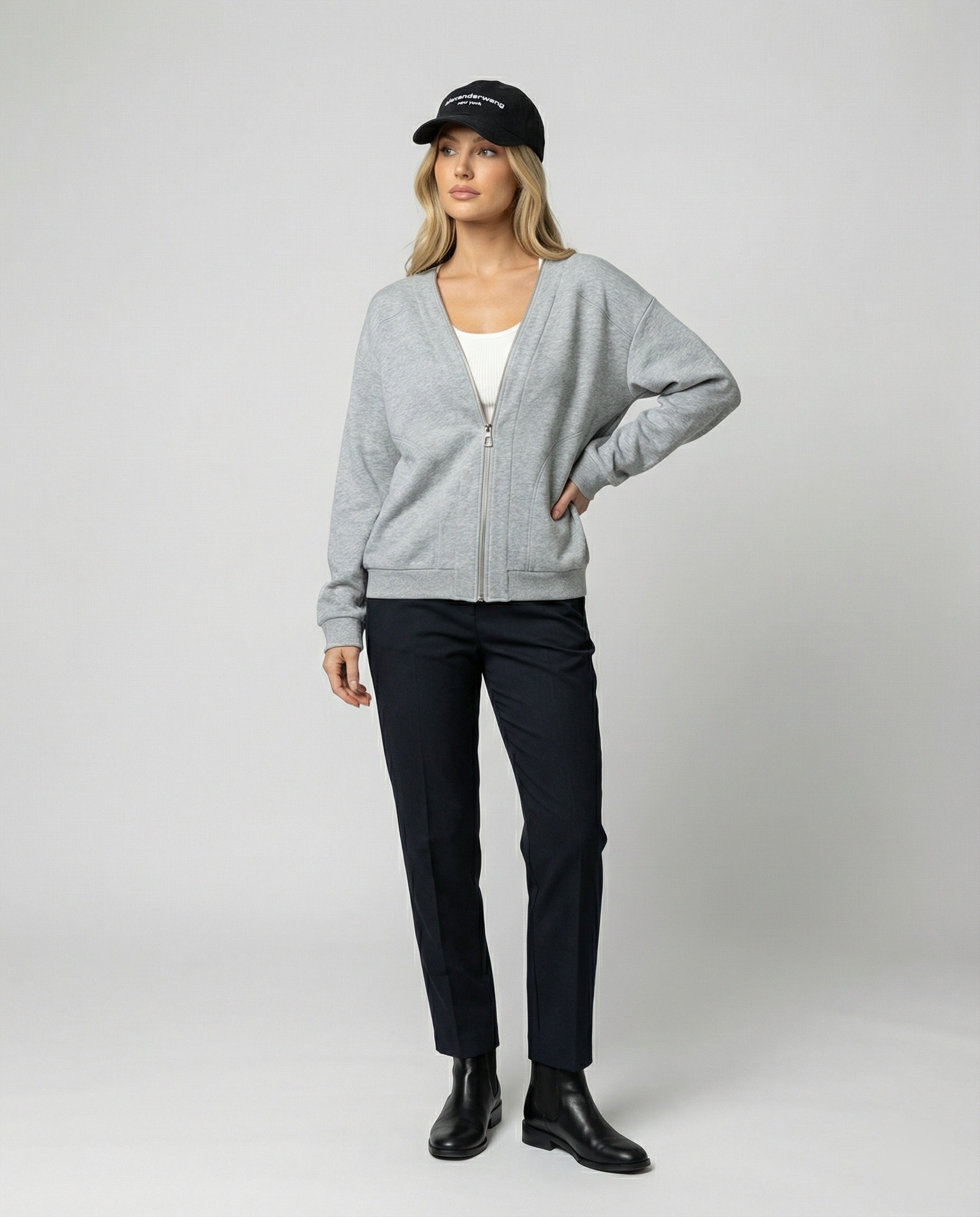 Lässige Damen Sweatshirt Jacke mit V-Ausschnitt in Grau