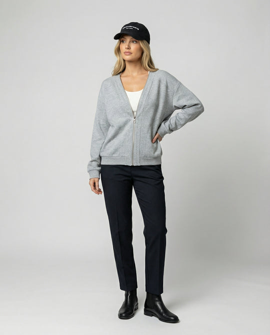 Lässige Damen Sweatshirt Jacke mit V-Ausschnitt in Grau