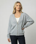 Lässige Damen Sweatshirt Jacke mit V-Ausschnitt in Grau