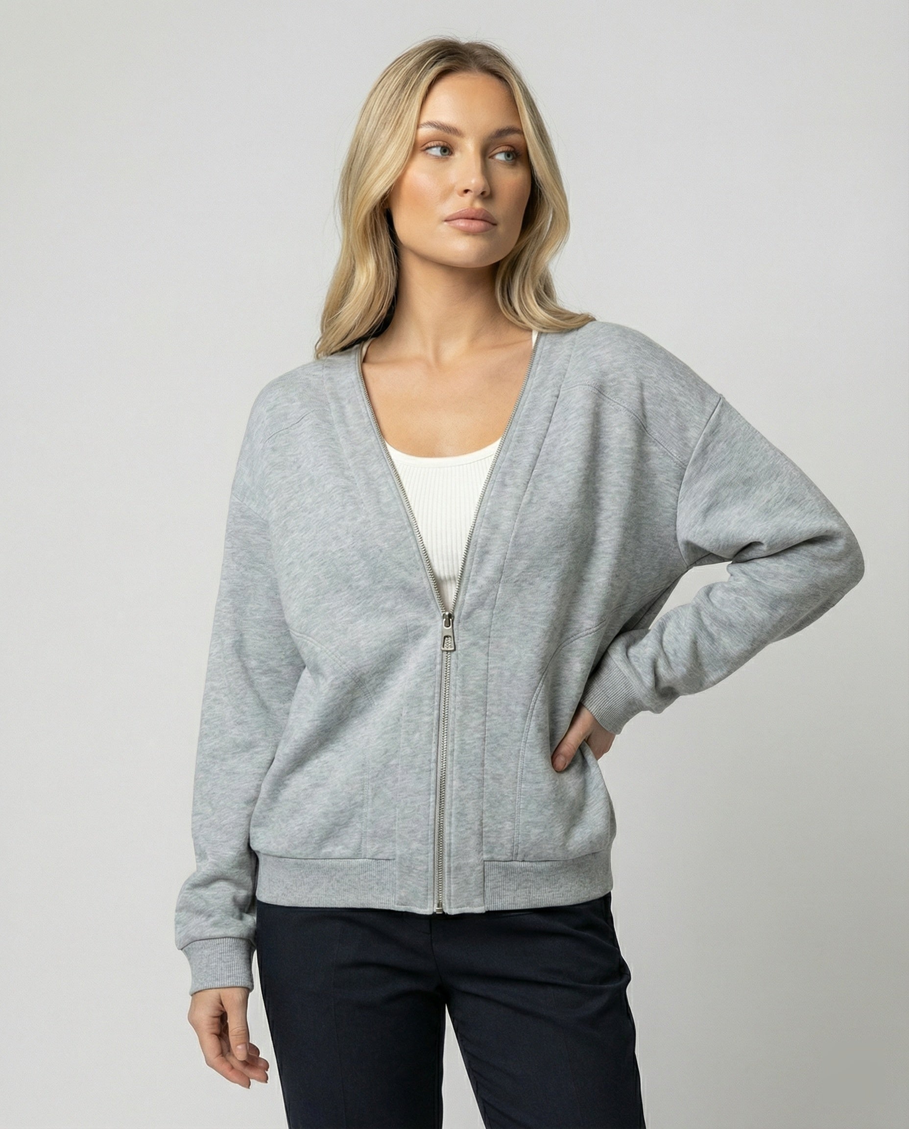 Lässige Damen Sweatshirt Jacke mit V-Ausschnitt in Grau