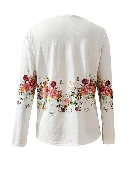 Damen Langarmshirt mit floralem Design und Knopfleiste R&B