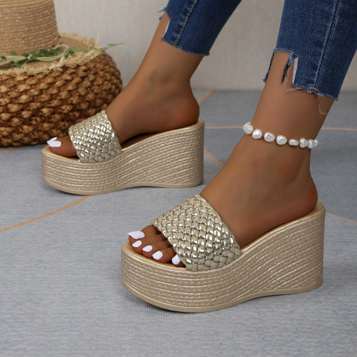 Damen Wedge-Pantoletten mit geflochtenem Riemen und komfortabler Sohle R&B