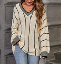 Damen Großer Strickpullover im lässigen Oversized-Stil mit V-Ausschnitt und Streifenmuster R&B