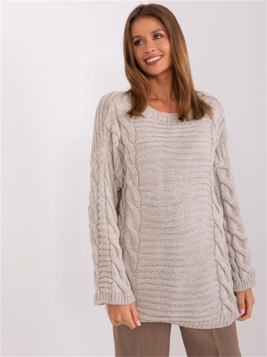 Damen Grobstrickpullover mit modernem Zopfmuster und weiten Ärmeln R&B