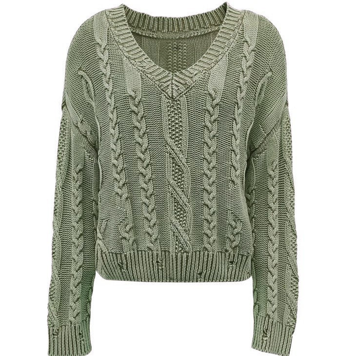 Damen Grob gestrickter Pullover mit V-Ausschnitt und voluminösen Ärmeln R&B