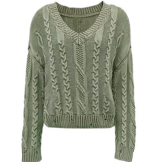 Damen Grob gestrickter Pullover mit V-Ausschnitt und voluminösen Ärmeln R&B