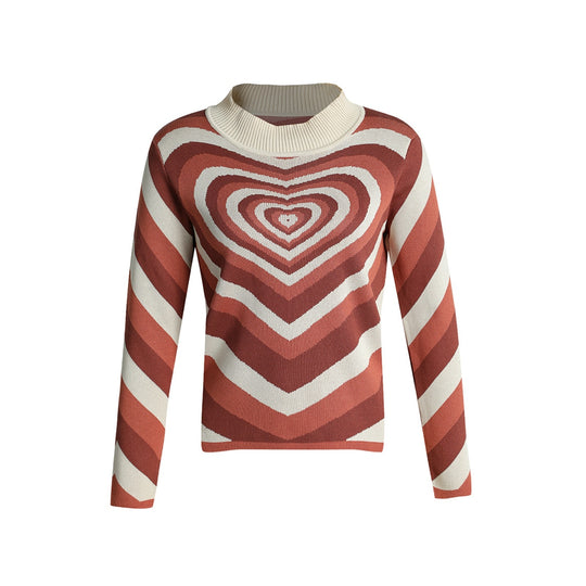 Damen Strickpullover mit herzförmigem Muster und hohem Kragen R&B